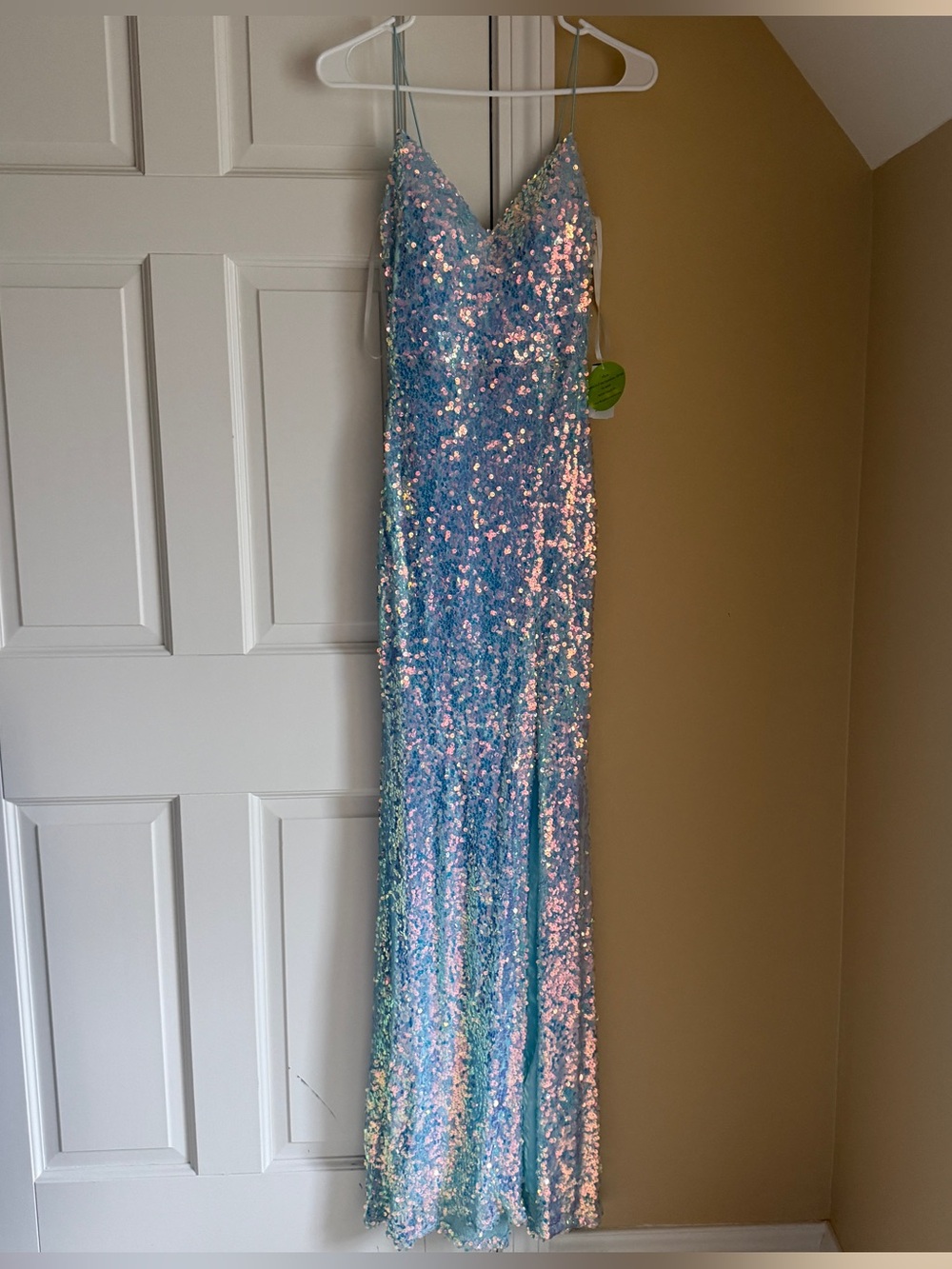 Windsor Iridescent Sequin Spaghetti-Strap Prom Gown in Blue-Pink